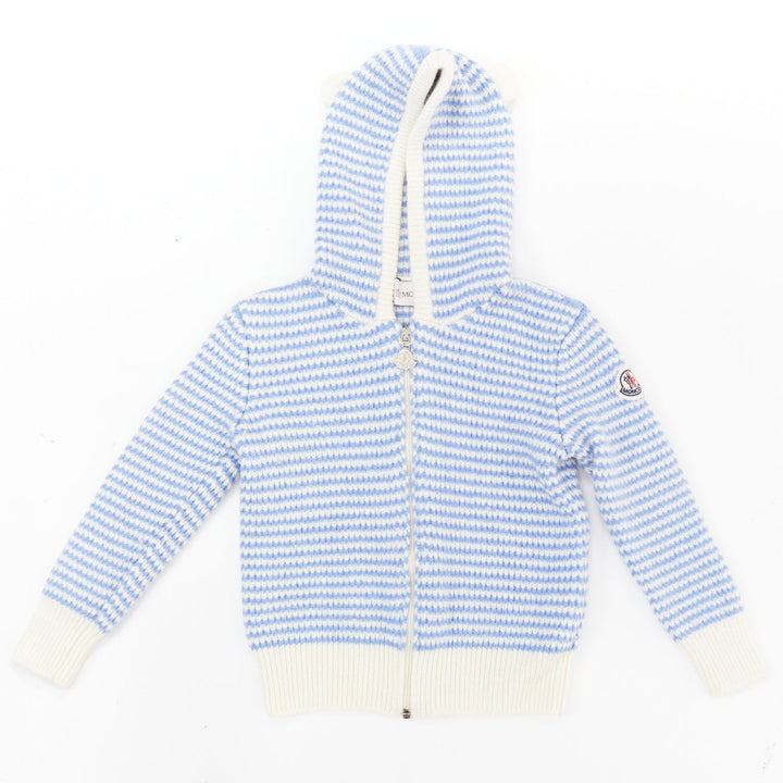 MONCLER ENFANT KIDS blue cream striped knit wool hooded ear cardigan sweater 3Y