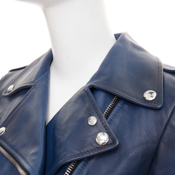 ALEXANDER MCQUEEN Asymmetric blue leather belted cropped biker outerwear IT40 S