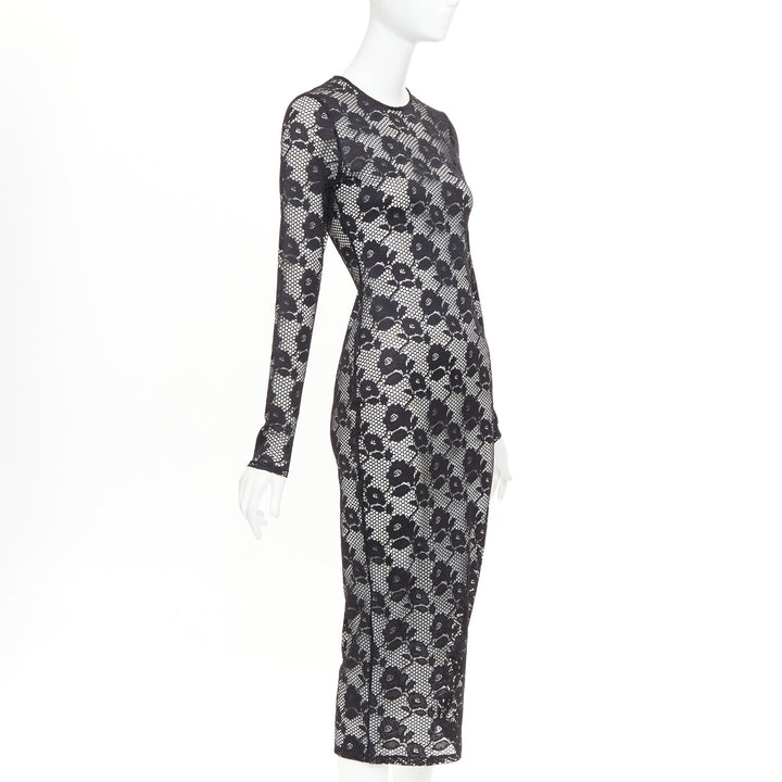 FLEUR DU MAL black lattice floral lace mesh crew neck long sleeve midi dress S