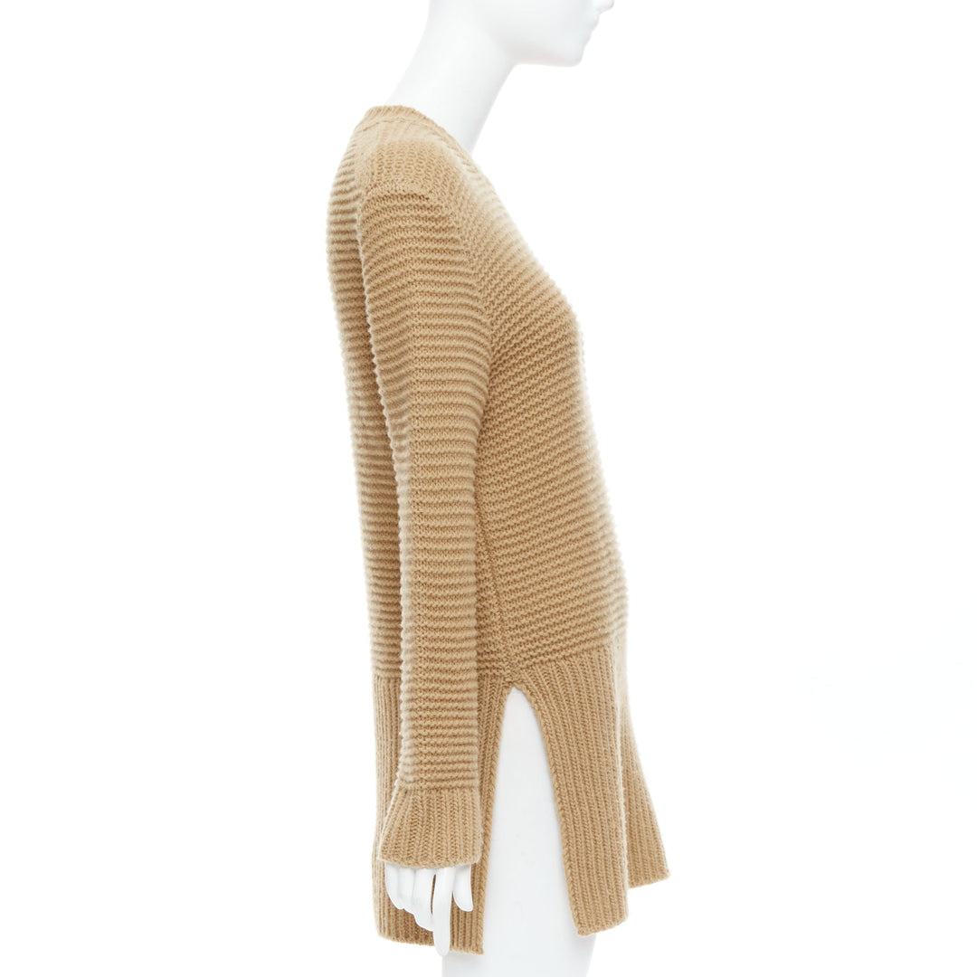 MARNI 100% virgin wool camel brown contrasting ribbed knit slit sweater IT38 XS