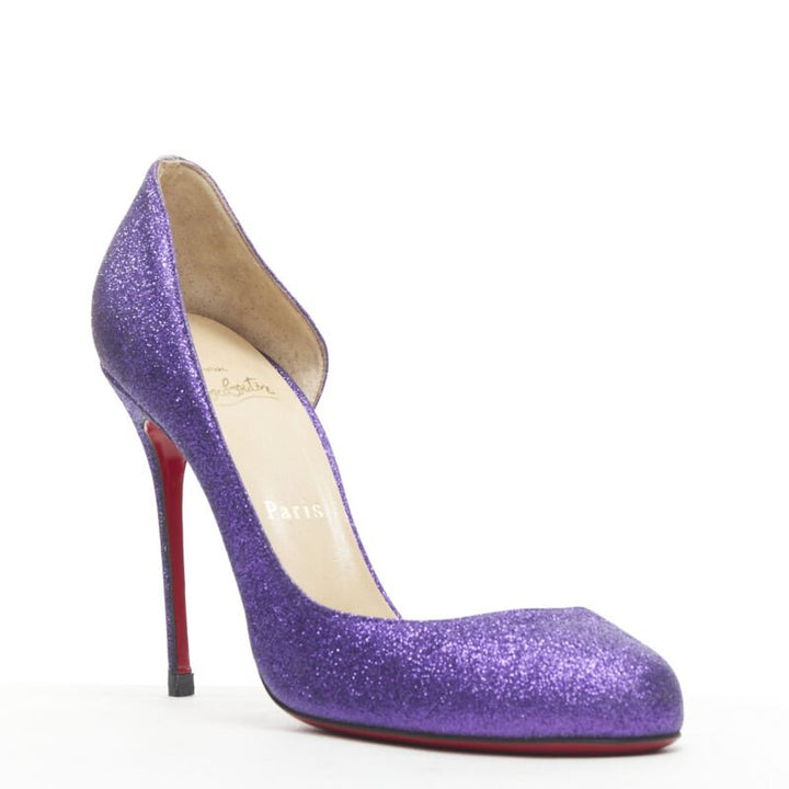 Female mannequin wearing Christian Louboutin Helmour purple glitter Purple Leather Women Heels in Size EU37.5 | Available at JHROP