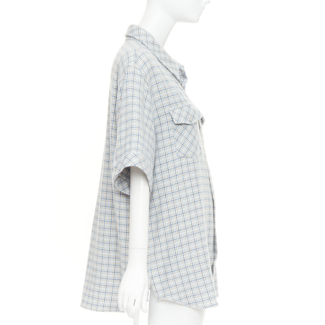 GOD'S TRUE CASHMERE River Tartan 100% cashmere Moonstone blue checkered shirt XL