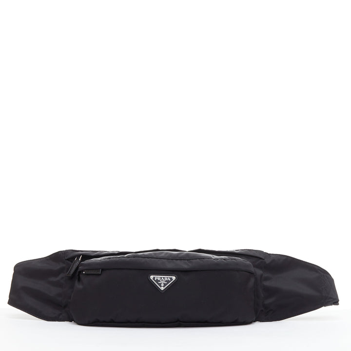 PRADA black nylon silver logo triangle buckle belt bag