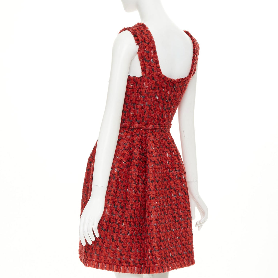 OSCAR DE LA RENTA F17 Boucle tweed red wool cotton silk lined flare dress US6 M