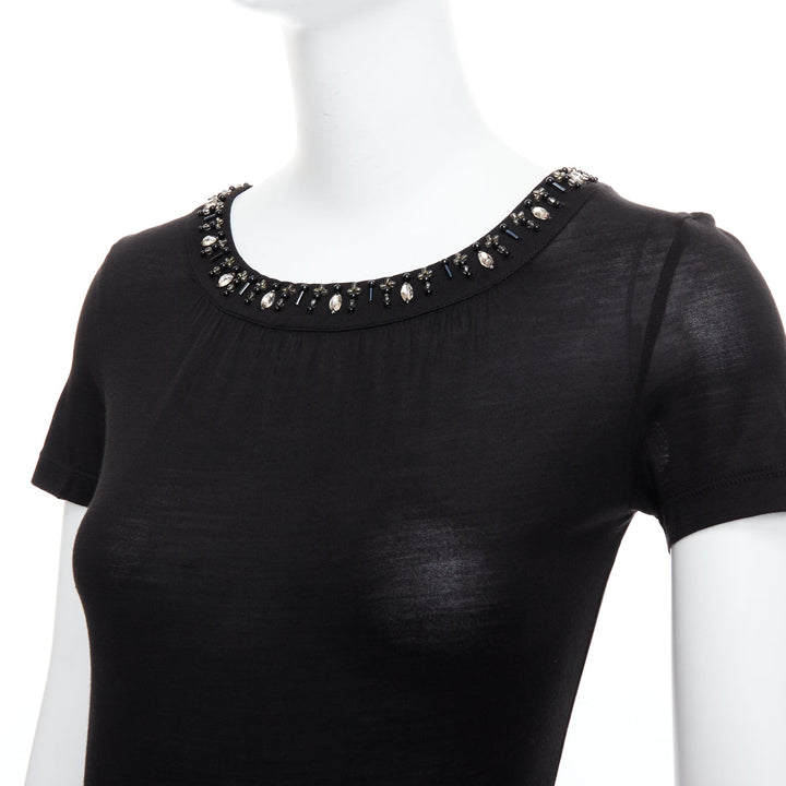 CHRISTIAN DIOR black 100% silk glass PVC beaded collar tshirt FR36 S