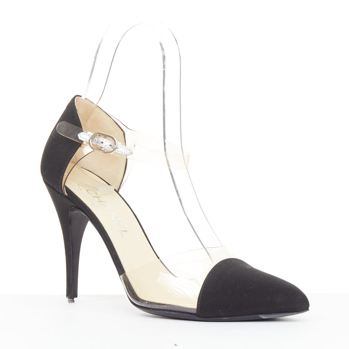 CHANEL 2013 Runway black satin clear PVC plexi CC logo cap toe pump EU38.5