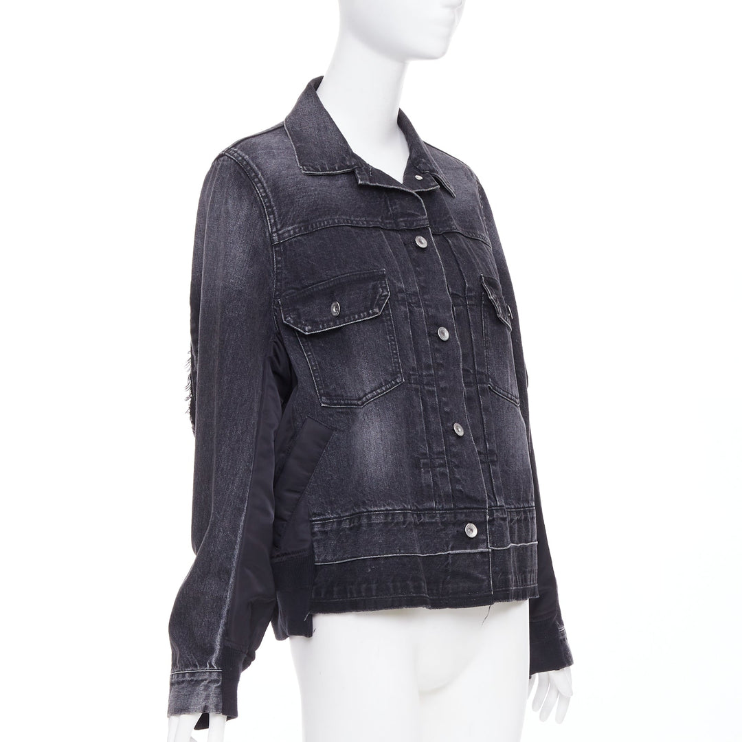 SACAI 2019 grey washed cotton blend denim black nylon hybrid jacket JP2 M