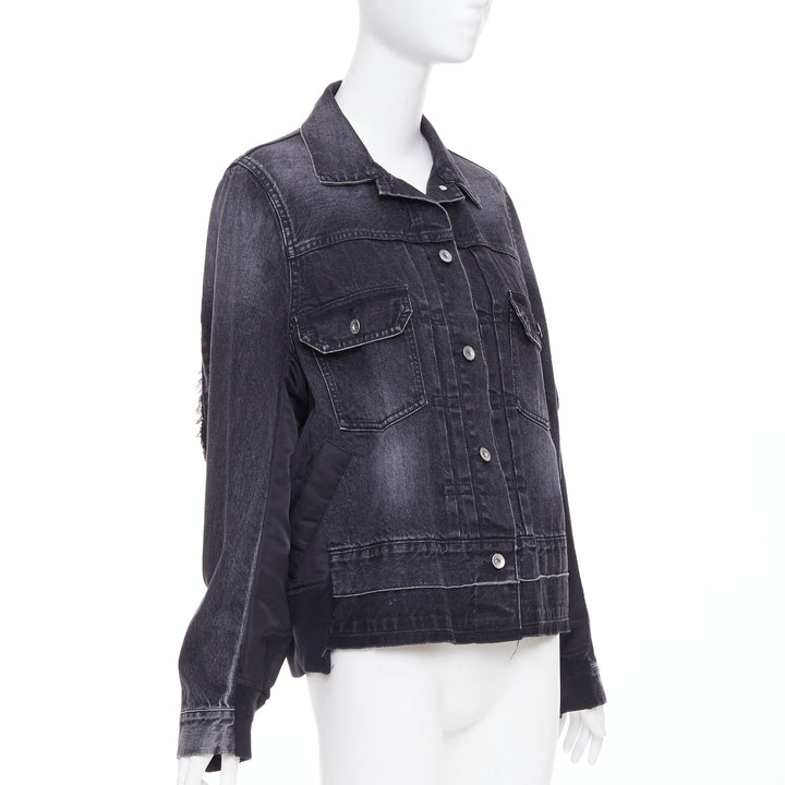 SACAI 2019 grey washed cotton blend denim black nylon hybrid jacket JP2 M