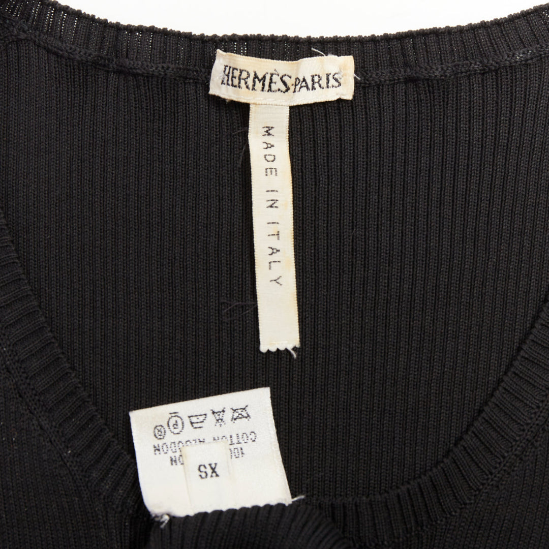 HERMES Vintage black cotton ribbed body con round neck vest XS