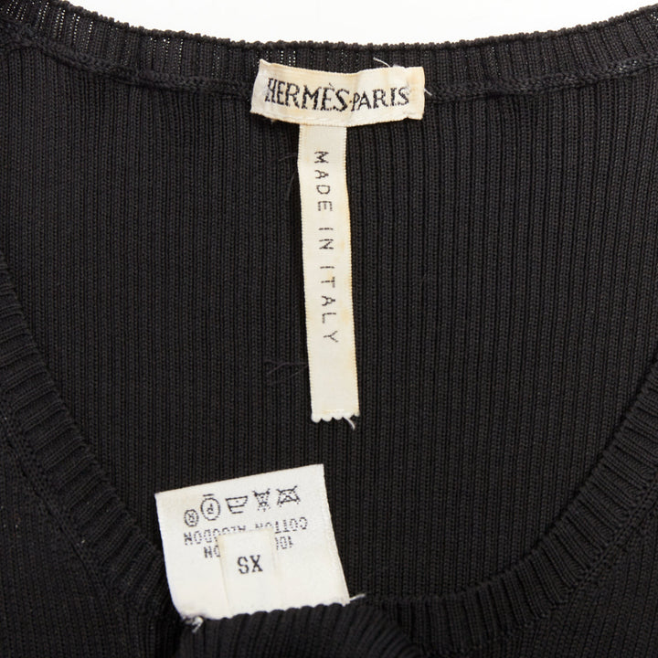 HERMES Vintage black cotton ribbed body con round neck vest XS