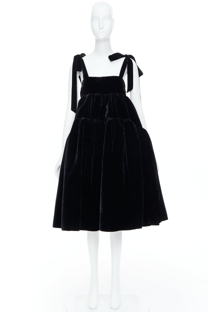 CECILIE BAHNSEN 2018 Runway Bey black velvet tiered tie shoulder dress UK8 S