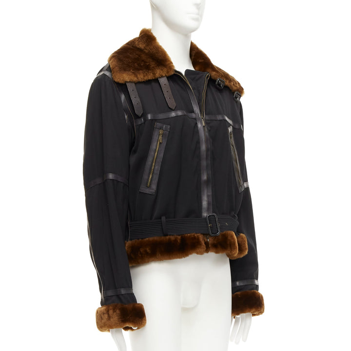 rare JEAN PAUL GAULTIER HOMME black brown faux fur aviator flight jacket IT50 L
