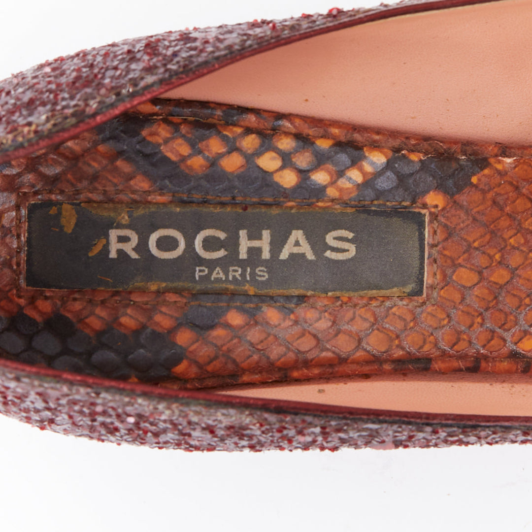 ROCHAS burgundy glitter brown scaled leather sculpted heel loafers EU36