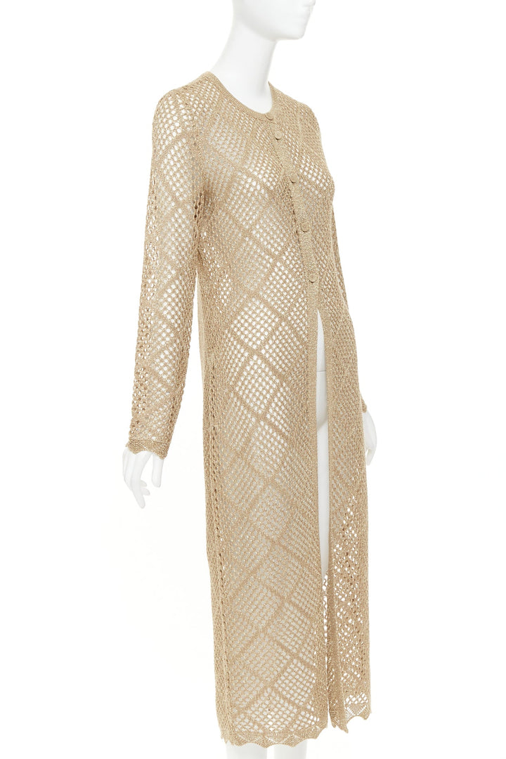 TWINSET 2024  metallic gold lurex mesh diamond open knit lace long cardigan M