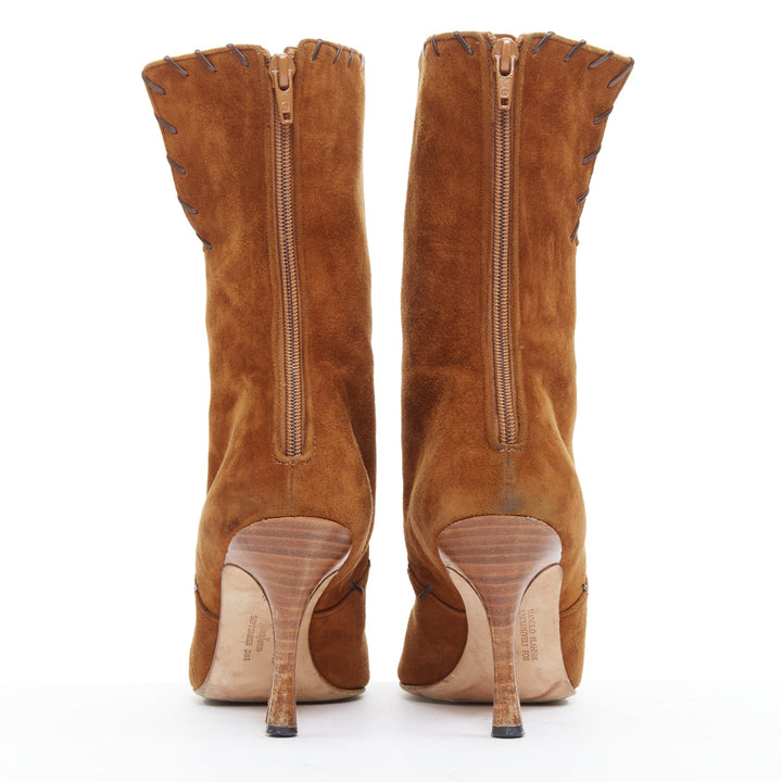 MANOLO BLAHNIK Vintage brown suede overstitch detail heeled ankle boots EU39.5