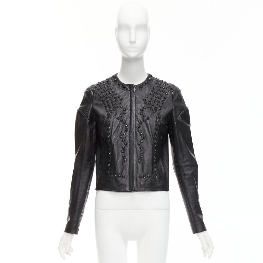 GIVENCHY black sheepskin clear crystal studded cropped leather jacket FR38 M