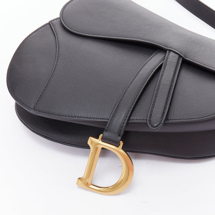 CHRISTIAN DIOR Saddle black textured leather gold CD shoulder bag