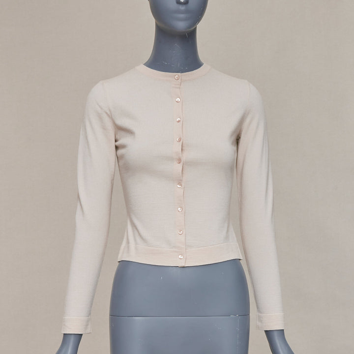 ALAIA blush beige virgin wool blend mini buttons classic cropped cardigan FR36 S