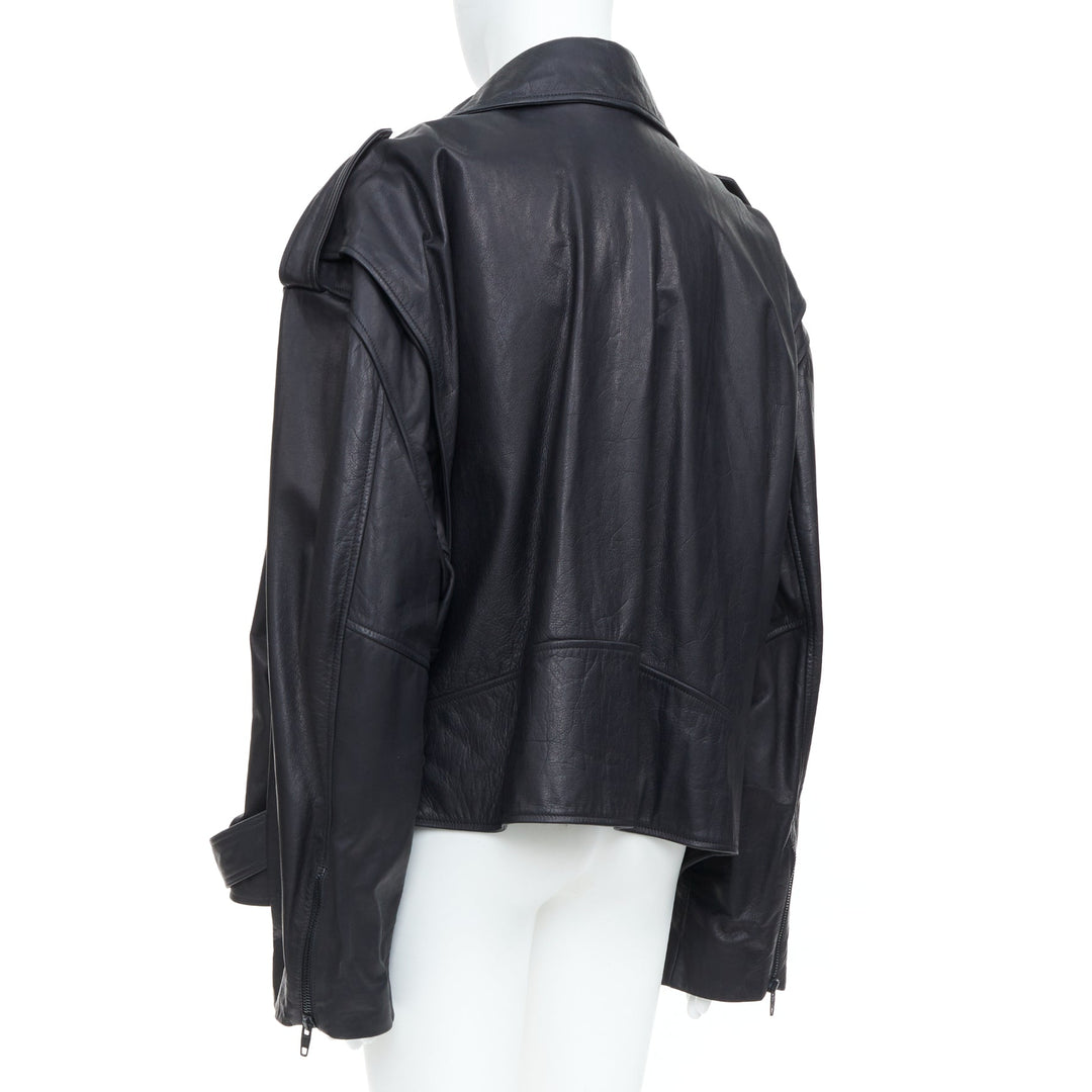 BALENCIAGA 2024 Demna black super oversized cowhide leather moto biker jacket L