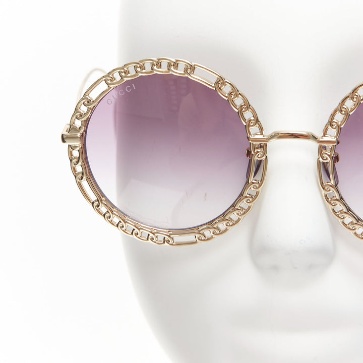 GUCCI GG1113S gold chain rim purple ombre lens round oversized sunnies