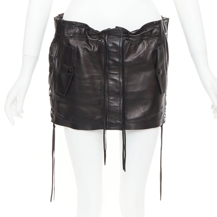 SAINT LAURENT 2018 black lambskin leather drawstring waist mini skirt FR36 S