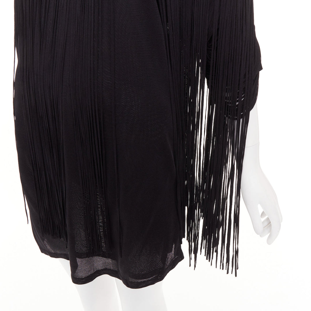 3.1 PHILLIP LIM black rayon long fringe bateau neck sheer overlay mini dress M