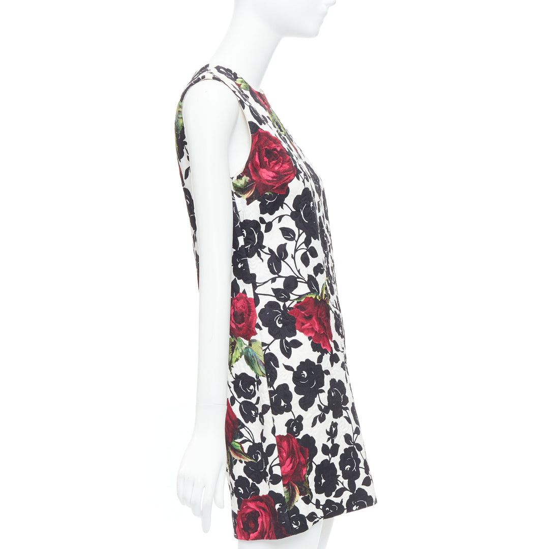 DOLCE GABBANA white red rose floral jacquard crew shift dress IT42 M