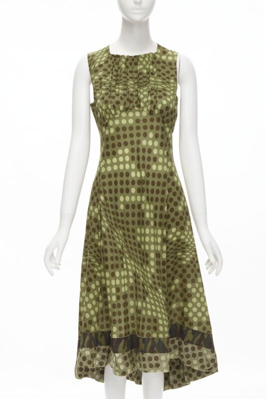 Runway COMME DES GARCONS 2000 green polka dot cotton camouflage hem midi dress M