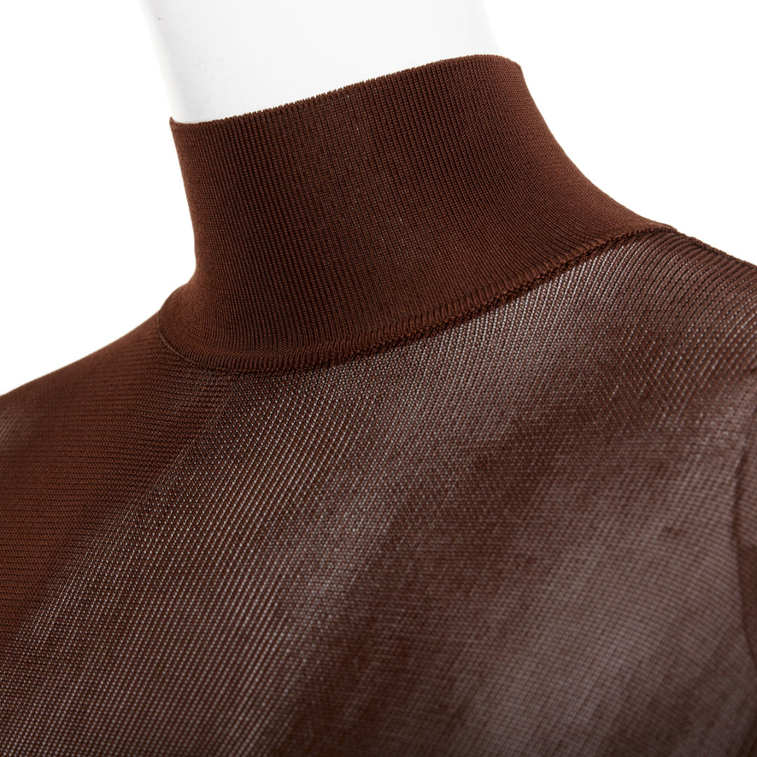 SAINT LAURENT 2023 Runway chocolate dark brown mock neck sheer knit dress XS