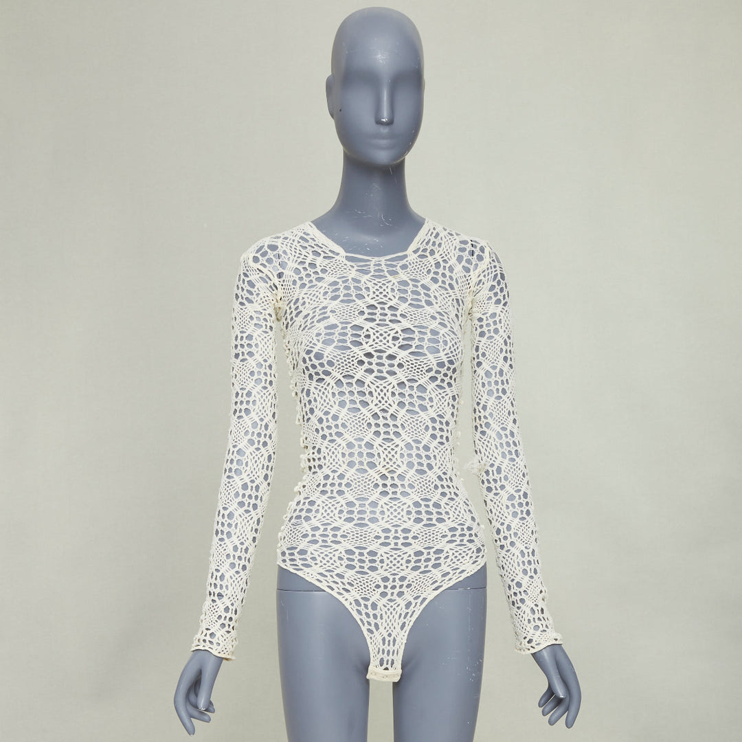 COMME DES GARCONS beige nylon braided crochet open knit mesh bodysuit leotard