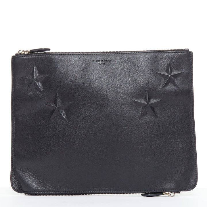 GIVENCHY Riccardo Tisci black leather star debossed double zip clutch bag