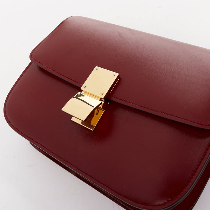 CELINE Classic Box burgundy smooth leather gold clasp crossbody messenger bag