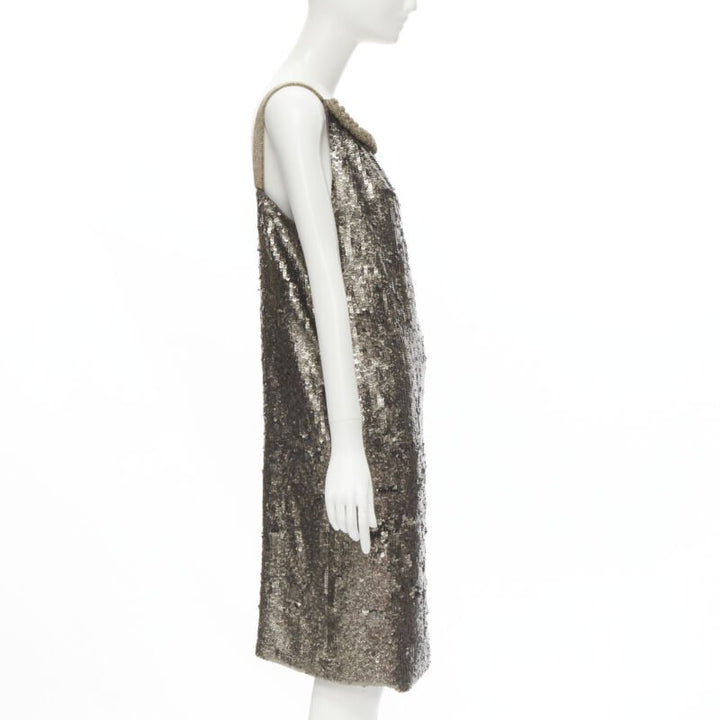 Female mannequin wearing Dries Van Noten Silver Silk Women Cocktail Dresses in Size FR40 | Available at JHROP