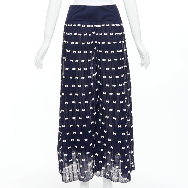 CHANEL 14P Runway navy cream bow applique ribbed waist tulle lined skirt FR36 S