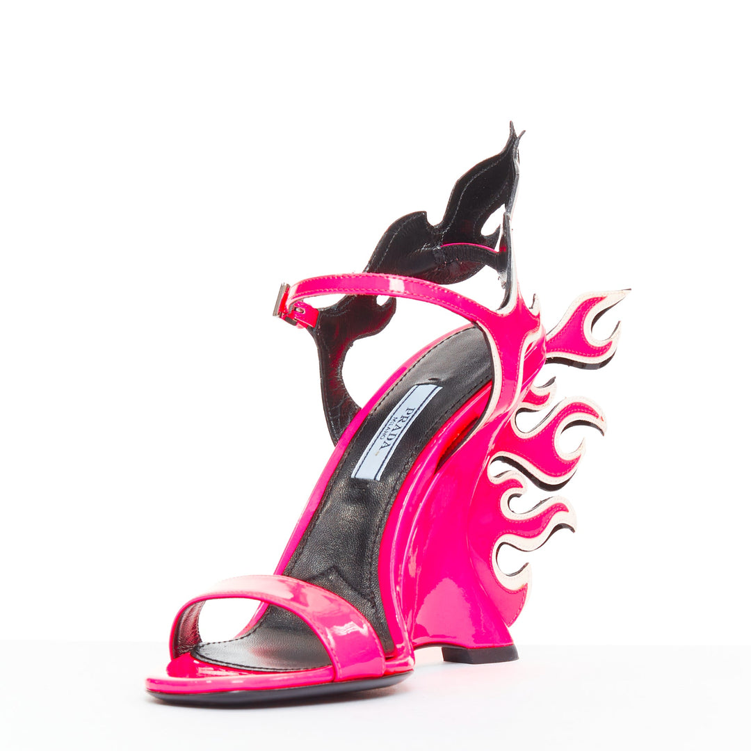 rare PRADA 2018 Flame Wedge neon pink patent Fire heel sandal EU37