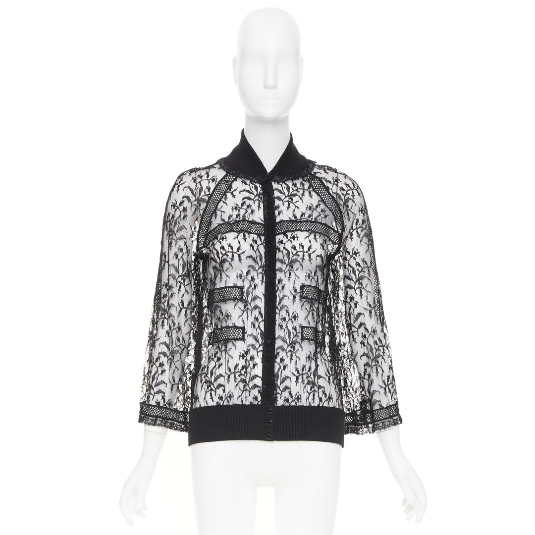 rare CHANEL 07C Vintage sheer floral lace cardigan button up blouse top FR34 XS