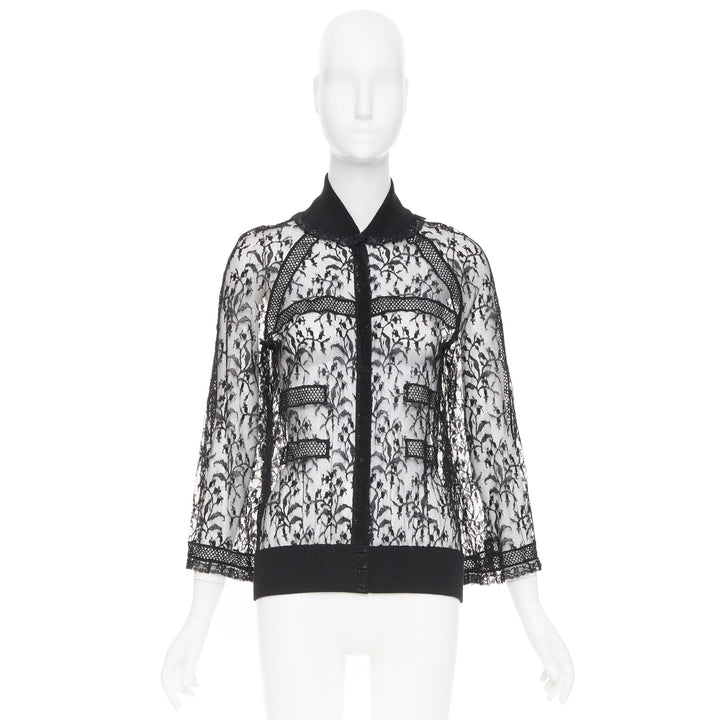 rare CHANEL 07C Vintage sheer floral lace cardigan button up blouse top FR34 XS