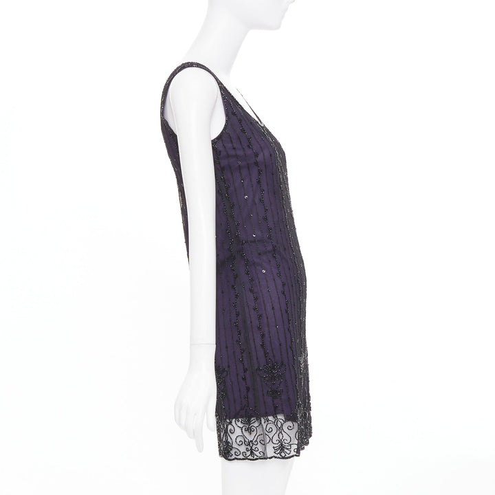 LAUNDRY BY SHELLI SEGAL Vintage purple embroidered beaded shell dress P