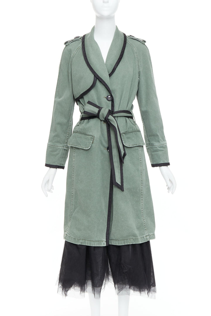 LE SUPERBE green washed cotton black tulle hem tie belt coat US0 XS