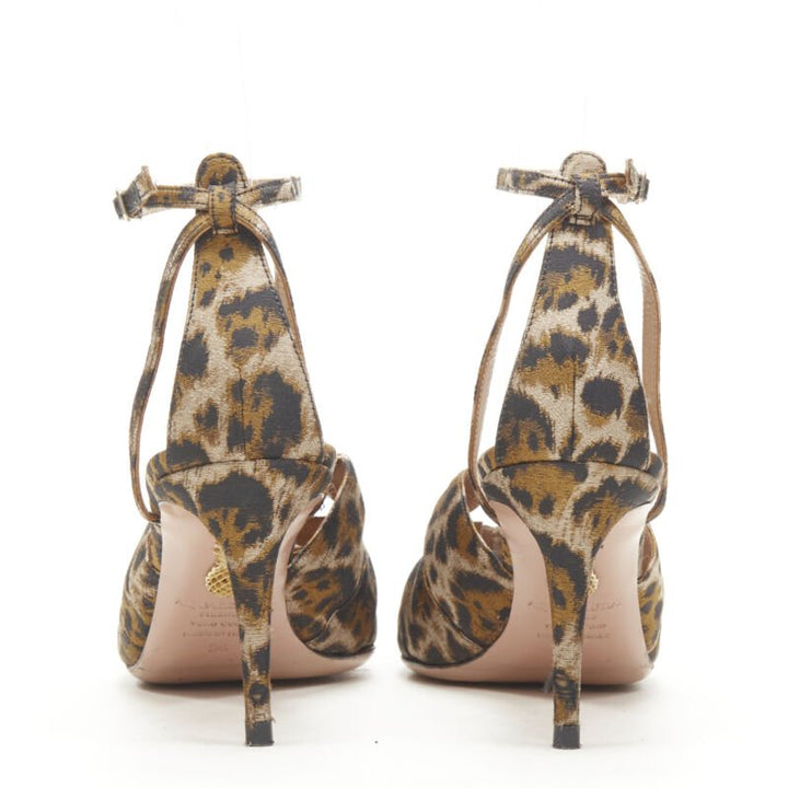 AQUAZZURA brown leopard trio bow ankle strap toe cap high heel pump EU36