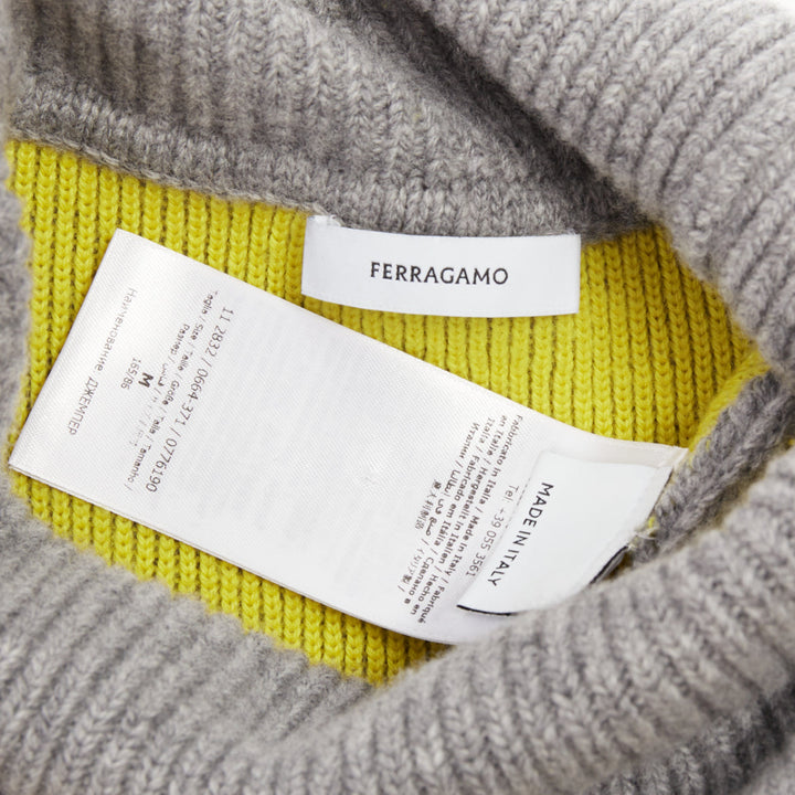 FERRAGAMO 2024 virgin wool two tone grey yellow lined oversized turtleneck M