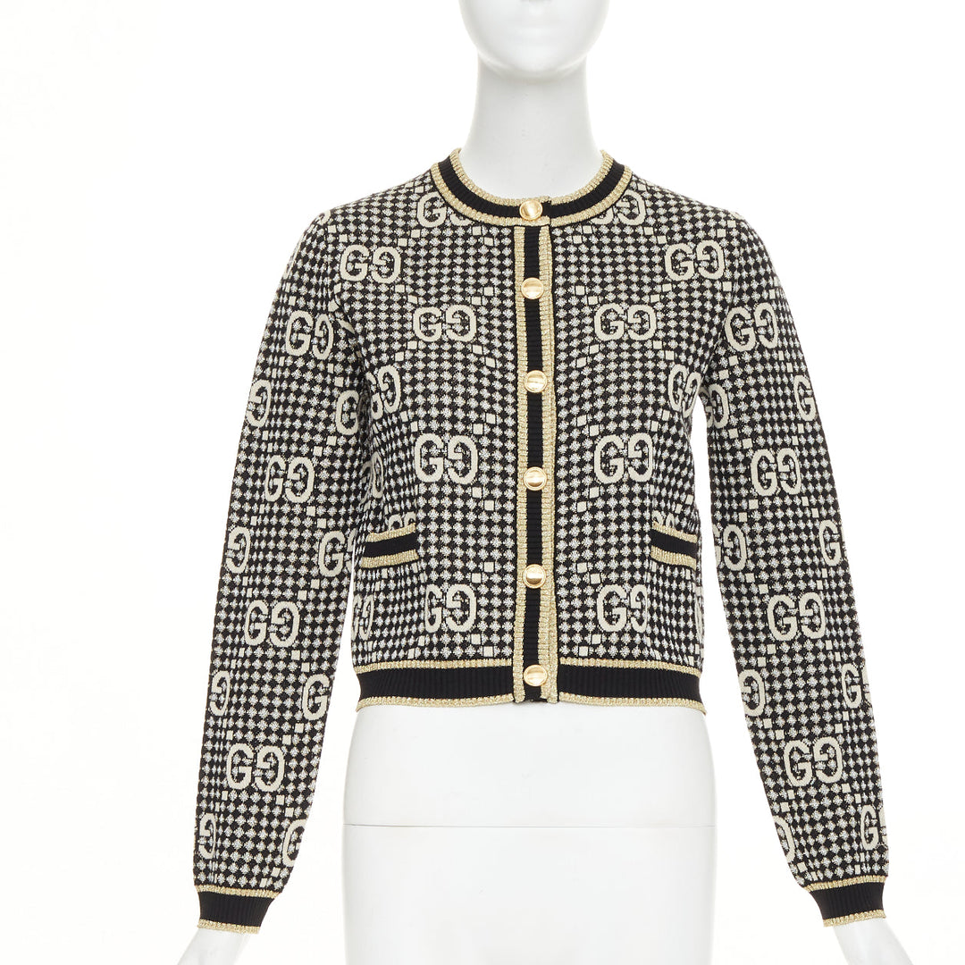 GUCCI 2019 GG Diamond black gold wool blend metallic web cropped cardigan XS