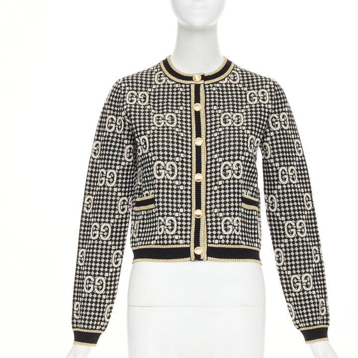GUCCI 2019 GG Diamond black gold wool blend metallic web cropped cardigan XS