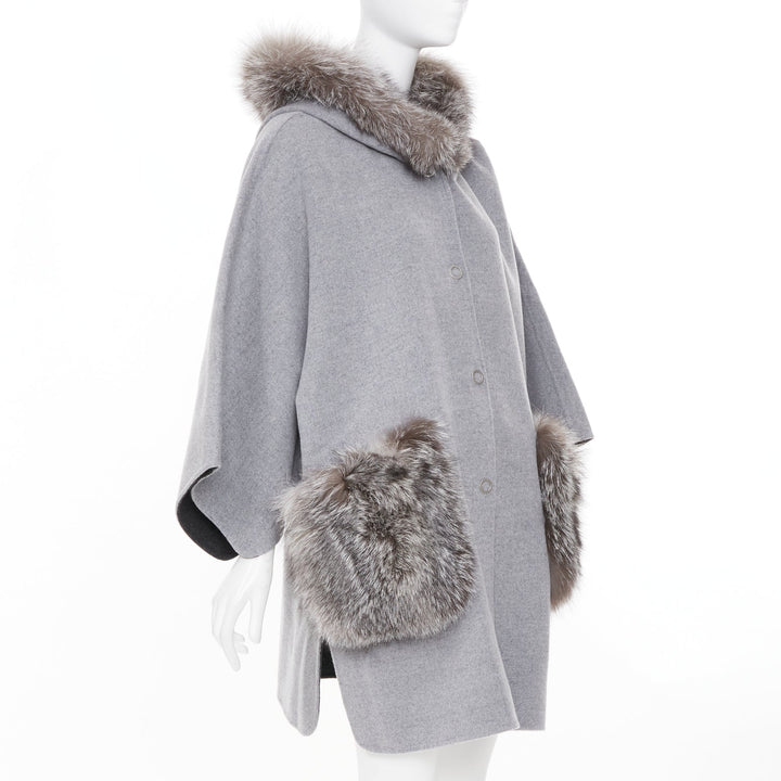 INTUITION PARIS grey cashmere wool real fur hooded removable collar cape coat S