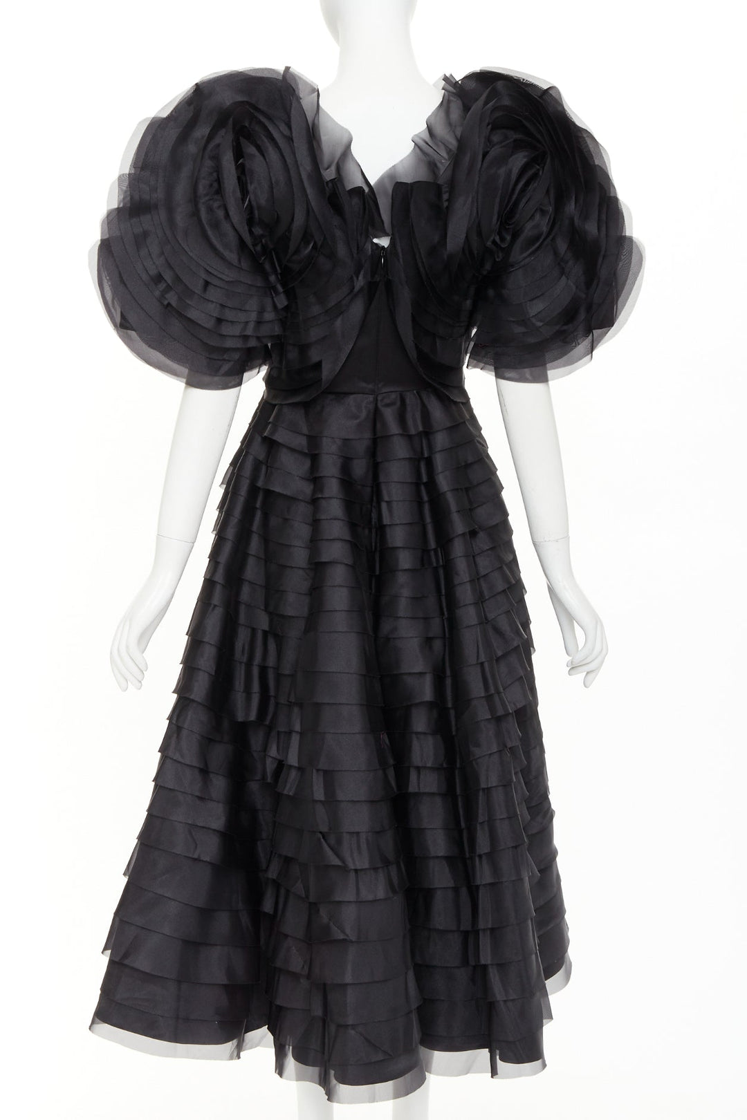 AJE Amour Ruffle Dress dramatic round sleeves rosette tiered midi gown UK8 S