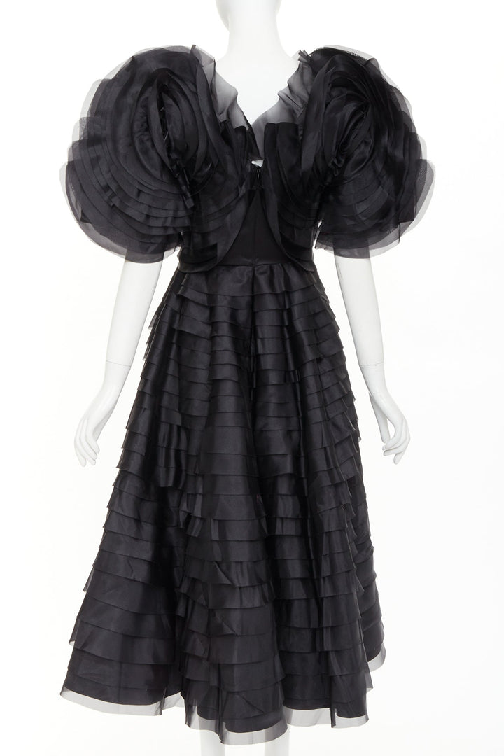 AJE Amour Ruffle Dress dramatic round sleeves rosette tiered midi gown UK8 S
