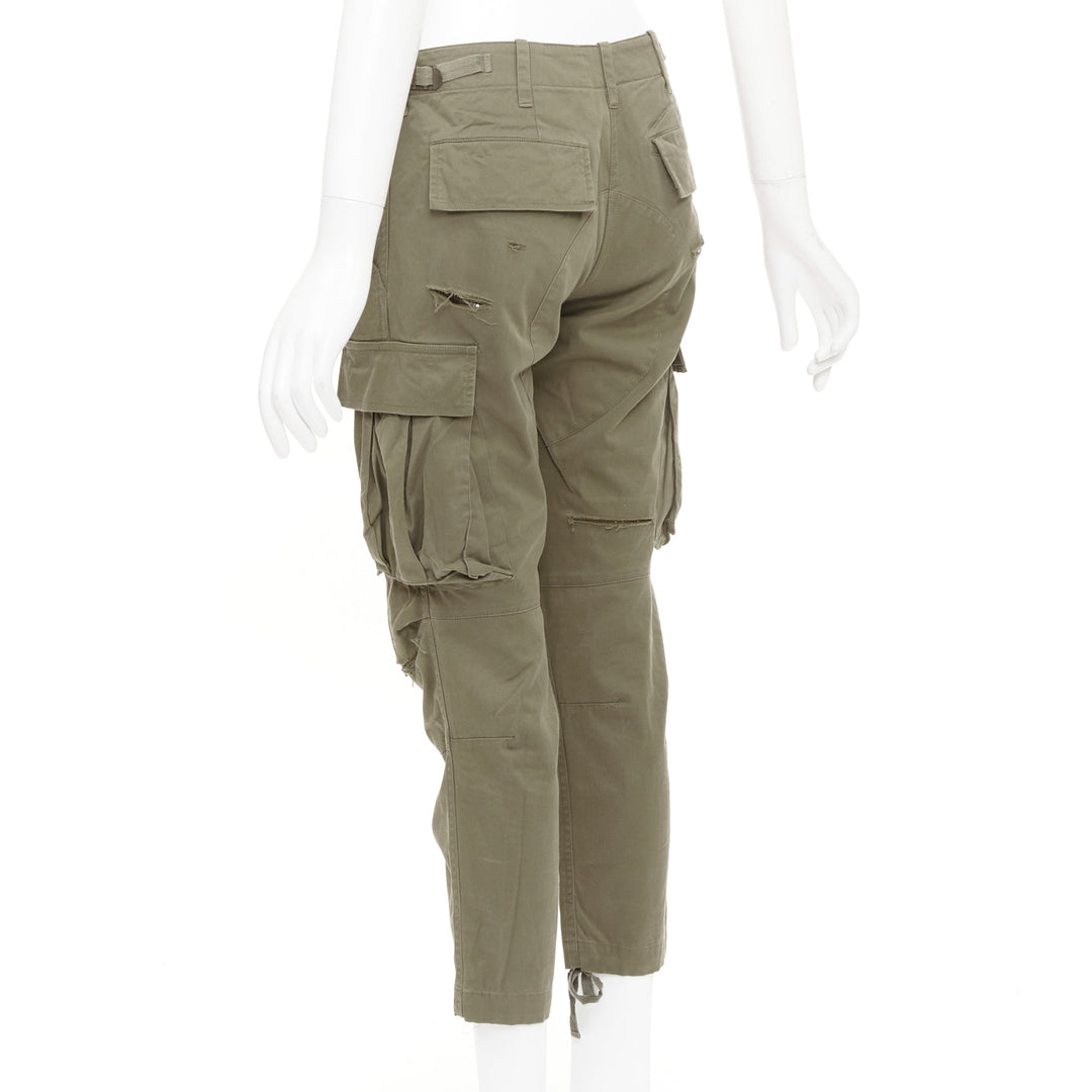 BALMAIN khaki cotton blend ripped chainmail details low waist cargo pants FR36 S