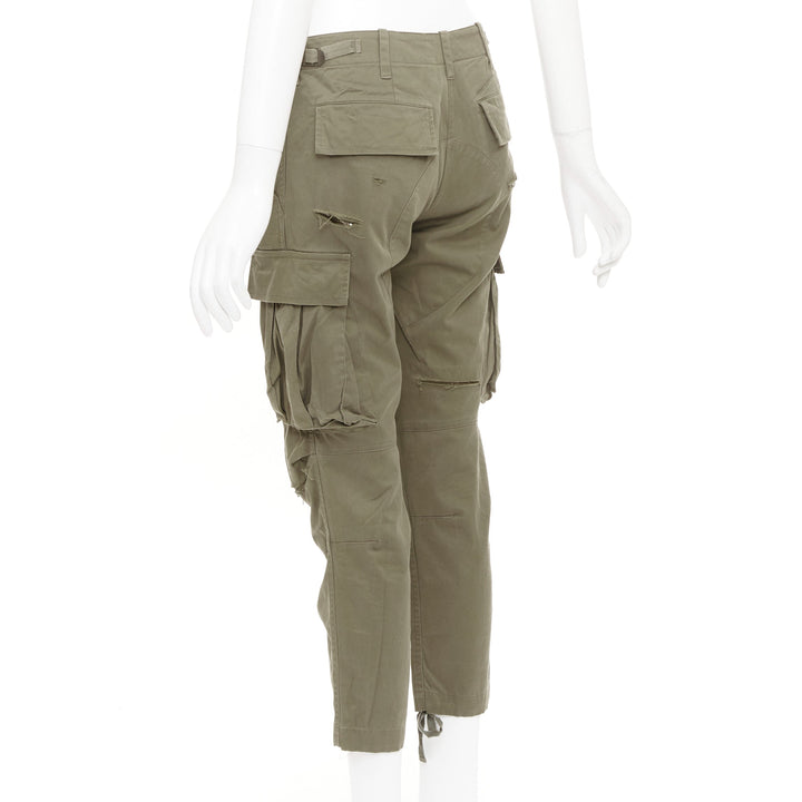 BALMAIN khaki cotton blend ripped chainmail details low waist cargo pants FR36 S