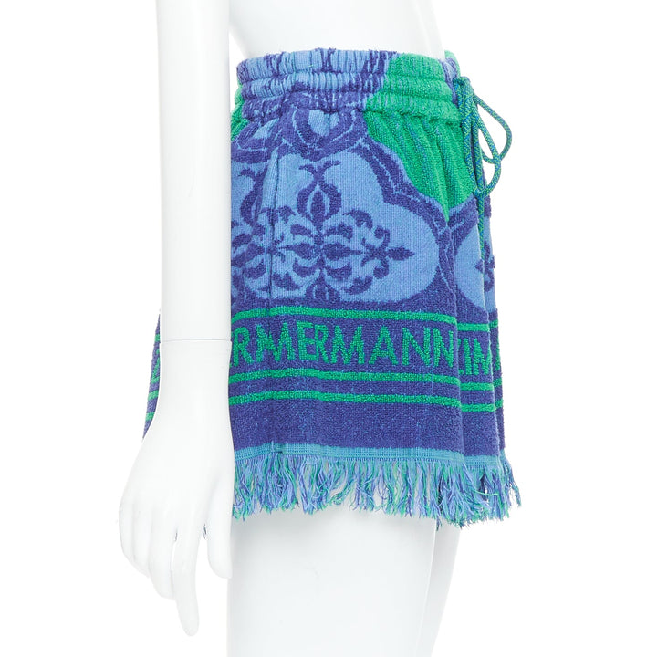 ZIMMERMANN Tiggy blue green terry cloth logo fringe shorts US0 XS