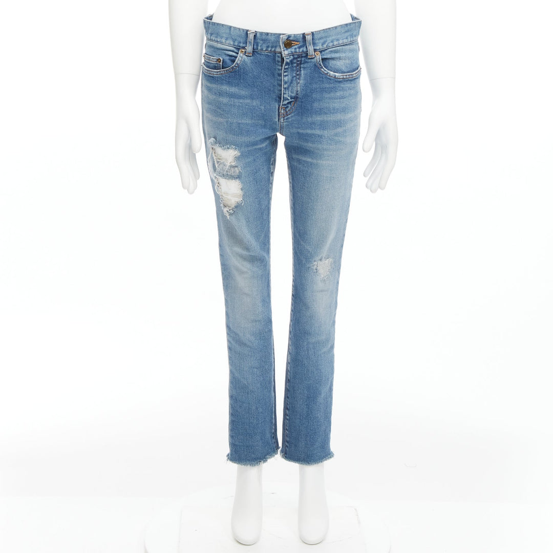 SAINT LAURENT 2019 D09G blue skinny low waist distressed ripped jeans 29"
